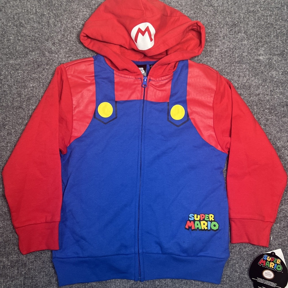 Super Mario Boys Hoodie Jacket Size XS Cosplay Zip Sweatshirt Kids Costume NWT